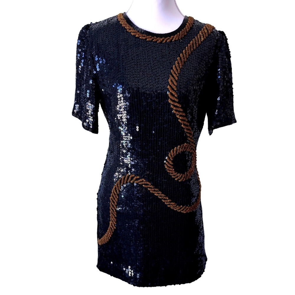 Vintage Stenay 1980s Sequin Black Mini Dress With Gold Beaded Rope Design Silk S